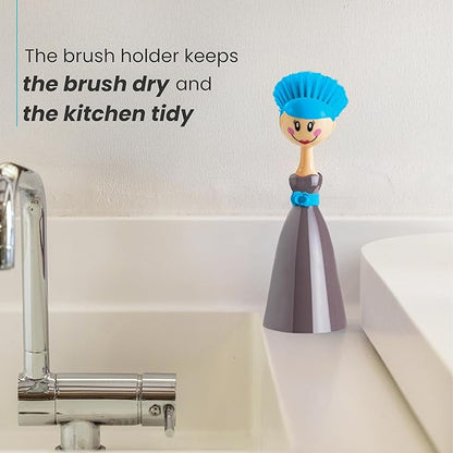 Vigar Dolls Dish Brush with Handle and Holder - Dish Scrubber Brush for Dishes and Pans, Kitchen Scrub Brush, Dishwashing Brush for Kitchen Sink Cleaning, Cute Standing Dish Brush Design - Gray, Blue