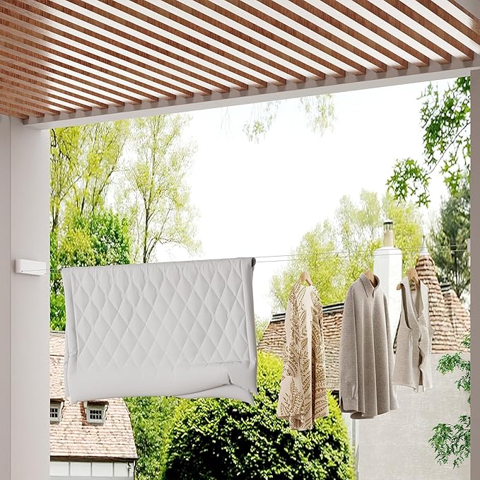 Retractable Clothesline Indoor, Non-Sagging Clothes line retracting Outdoor, Heavy Duty Wall Mounted Laundry Line Adjustable Stainless Steel for Laundryroom, Bathroom, 15.8 Feets Double Lines White