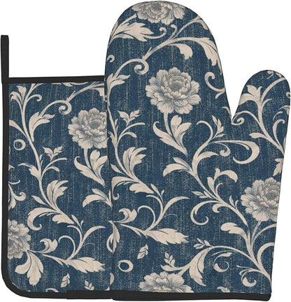 Navy Blue Oven Mitts and Pot Holders Vintage Floral Kitchen Accessories Set of 2 Teal Flowers Gloves Potholder for Chef Cooking Baking Grilling BBQ