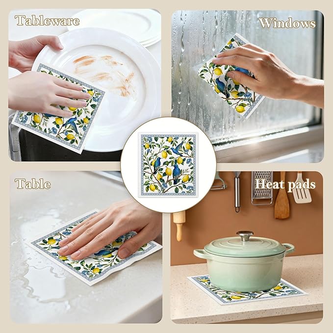 Mixed Blue Tiles Lemons Swedish Kitchen Dishcloths Dish Towels 6 Pack, Farmhouse Lemon Dish Towels, Swedish Dishcloth, Paper Towels Reusable, Dish Cloth Towel Cleaning Wipe for Home Kitchen
