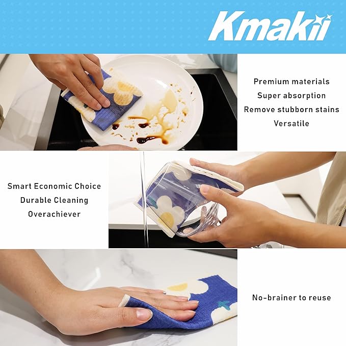 KMAKII Swedish Dishcloths Reusable, Absorbent, Quick-Drying Sponge Cloths for Kitchen and Counter Cleaning, Reusable Dish Towels and Dish Cloths, Black & White, Pack of 10 Pcs