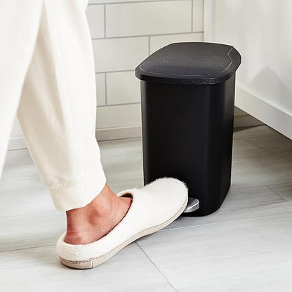 Amazon Basics Compact Plastic Bathroom Trash Can with Soft-Close Lid,Hands-Free Foot Pedal,Removable Inner Bucket,6 Liters,Black,(Pack of 6)