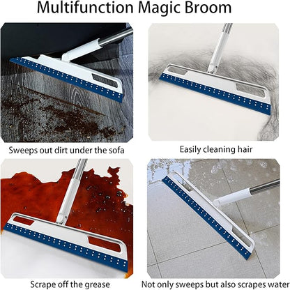 Multifunction Rubber Air Broom, Silicone Broom with 56" Long Handle, 4 in 1 Rubber Squeegee Sweeper for Floor Bathroom Kitchen Shower Tile Pet Hair Fur Marble Glass Water Window Foam Cleaning (Blue)