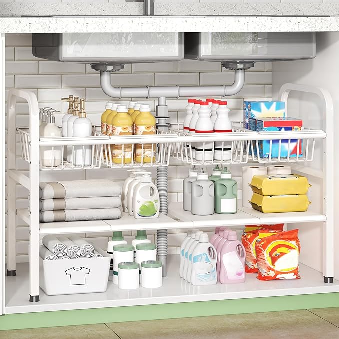 Under Sink Organizer Bathroom 2 Tier,Expandable and Height Adjustable Under Kitchen Sink Organize with Cupboard Shelf,for Kitchen, Bathroom,Laundry Pantry Cabinet,Apartment,White