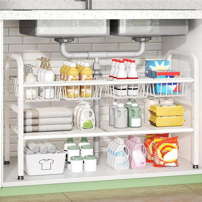 Under Sink Organizer Bathroom 2 Tier,Expandable and Height Adjustable Under Kitchen Sink Organize with Cupboard Shelf,for Kitchen, Bathroom,Laundry Pantry Cabinet,Apartment,White