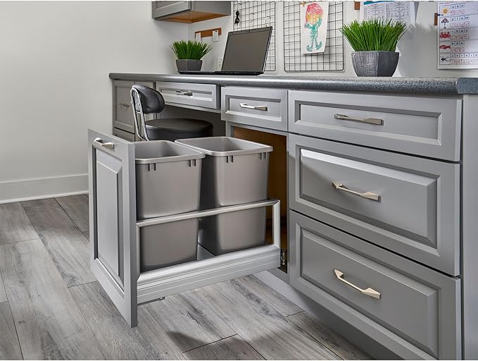 Rev-A-Shelf Double 35 Qt Pullout Trash Can with Soft Close for Base Kitchen Cabinets, Min Opening Width of 14.5", Silver, 5149-18DM-217