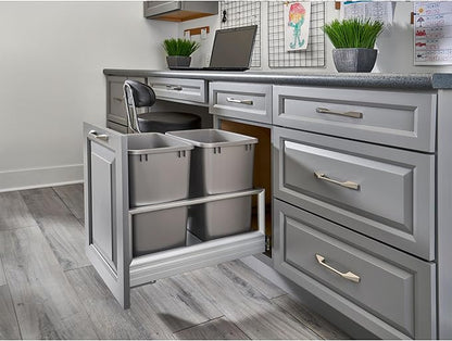 Rev-A-Shelf Double 35 Qt Pullout Trash Can with Soft Close for Base Kitchen Cabinets, Min Opening Width of 14.5", Silver, 5149-18DM-217