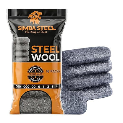 Steel Wool Grade # 000 - Extra Fine Grade - 16 Pads Multi-use for Buffing, Waxing, Polish, Multi-Purpose (#000-16 Pads)
