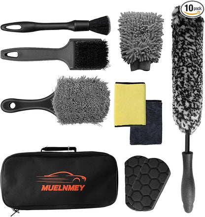 10PCS Wheel Cleaning Brush Kit,Wheel Cleaner Brush, Microfiber Cleaning Cloth,Soft Bristle Rim Brush,Tire Polishing Application Pad,Drying Towel.Tire Cleaning Brush Kit for Trucks, Cars, RVs