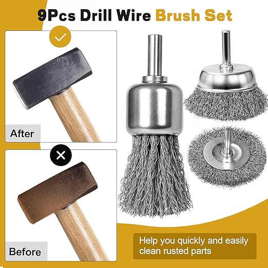 9 Pcs Wire Brush for Drill Set,Steel Wool Wire Wheel Drill Attachment for Metal Rust Removal, Corrosion and Scrub Surfaces with 1/4-Inch Round Shank