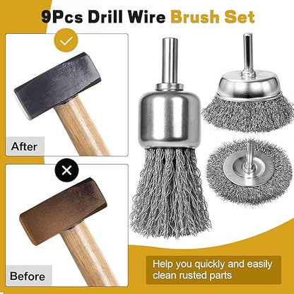 9 Pcs Wire Brush for Drill Set,Steel Wool Wire Wheel Drill Attachment for Metal Rust Removal, Corrosion and Scrub Surfaces with 1/4-Inch Round Shank