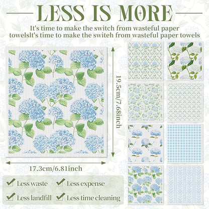 Tegeme 8 Pcs Blue Hydrangea Swedish Themed Dishcloth Spring Summer Watercolor Hydrangea Floral Kitchen Dish Towel Absorbent Cotton Reusable Towel for Home Party Housewarming Counter Wipe, 6.8 x 7.7''