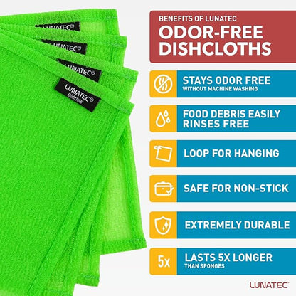 Lunatec® Odor-Free Kitchen Dishcloths. A Scrubber and scouring pad for All Surfaces. Safe for Non-Stick. (6-Pack)