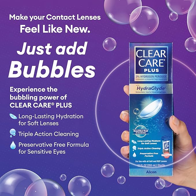 CLEAR CARE PLUS Cleaning & Disinfecting Contact Lens Solution (12 oz, Pack of 1), HydraGlyde Moisture Matrix, For Soft & RGP Lenses, Preservative-Free, Included Lens Case, Deep Cleaning Action