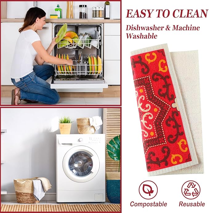 WILLBOND 9 Pack Swedish Kitchen Dishcloths Reusable Absorbent Hand Towels Sponge Cloth for Baking Cooking Home Decoration Kitchen Holiday Red Christmas Xmas Gift