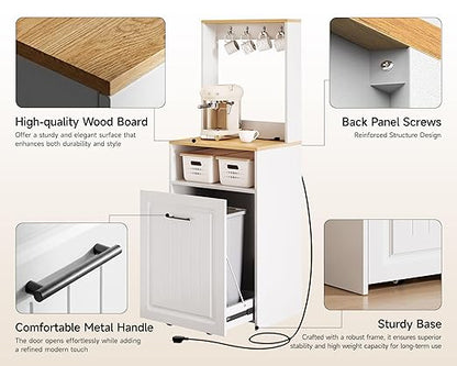 ZIFTY 10 Gallon Pull Out Trash Can Cabinet with Charging Station, Pet Proof Freestanding Kitchen Trash Bin Cabinet with Hooks, Coffee Bar, Wooden Garbage Recycling for Kitchen, Living Room