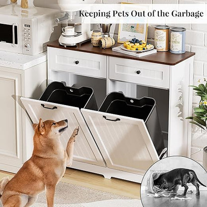 AHB Double Tilt Out Trash Can Cabinet for 2 Bins, Hidden Garbage Can Cabinet with Drawers, Wooden Trash Bin Cabinet, 10 Gallon Trash Can Holder Cabinet for Kitchen, Living Room, Laundry Room, White