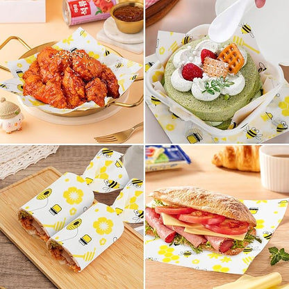 GeeRic 100 Pcs Wax Paper Sheets for Food, 7 * 7 Inch Bee Day Wax Paper Sandwich Wrap Deli Wraps, Oil-Proof Picnic Basket Liners with Bee Pattern for Memorial Day