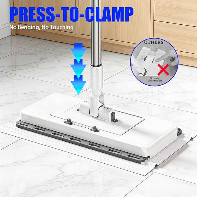 Upgrade Push Clamp Mop Kit - 2-in-1 Full Size Press Grip Lazy Sweeper Mop with Convenient Cloth Changing, Compatible with Swiffer Pads, Hardwood Tile Marble Floor Cleaning, 52in with10 Dry Cloths