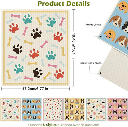 6 Packs Swedish Paper Cloths for Kitchen, Reusable Paper Towels Washable Dish Rags, Highly Absorbent Kitchen Towels Quick Drying Swedish Sponge Cleaning Dish Cloths(Dogs Feet)