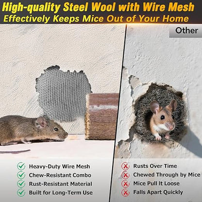 Steel Wool Mice Control - 3 Pack 2.75 in x 11.5 Ft Steel Wool & 1 Pack 5 in x 15 Ft Wire Mesh with Wooden Stick & Gloves & Scissors, Mouse Hole Filler for House Garden Polishing Chrome, Glass