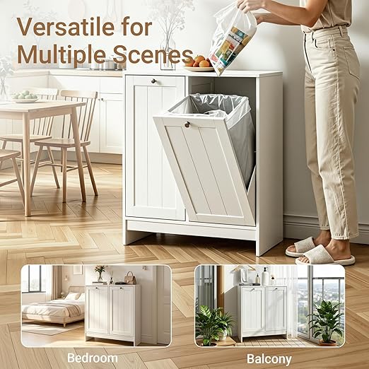 Tilt Out Trash Can Cabinet, Hidden Trash Can Cabinet with 2 Removable Bags, Double Laundry Hamper Cabinet, Narrow Storage Organizer for Kitchen, Bathroom, and Bedroom White DJ BZR001