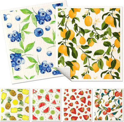 Miss Adola 6 Pack Swedish Dishcloths for Kitchen - Reusable Dish Cloths for Washing Dishes Absorbent Cute Funny Kitchen Towels Cleaning Sponge, Lemon Fruit