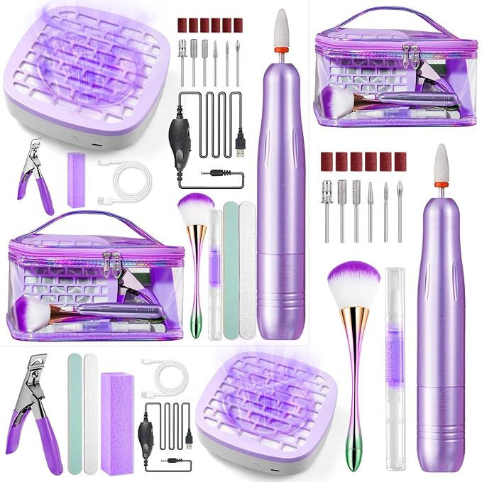 Nail Drill with Dust Collector Kit: 20000RPM Professional Electric Nail File for Acrylic Gel Removal, Manicure Pedicure Polishing, Complete Nail Tool Set in Cosmetic Bag for Home Beginners (Purple)