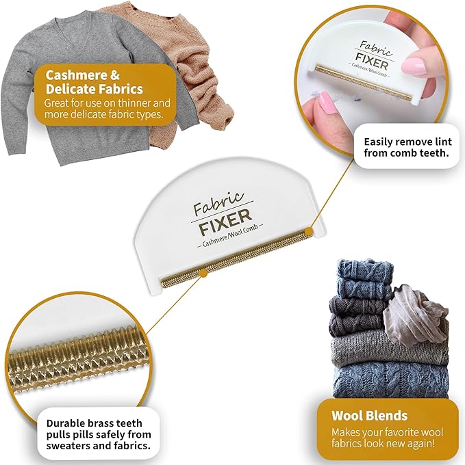 Cashmere Sweater Comb for Pills and Fuzz with Brass Teeth - Manual Fabric Defuzzer Wool Lint Shaver Comb Scraper for Clothing and Delicate Fabrics by Wardrobe Hackers