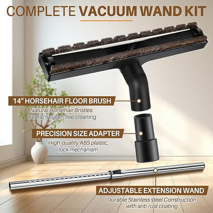 Universal Vacuum Extension Wand Kit with 14" Horsehair Floor Brush & 1.25'' Adapter, Adjustable Vacuum Floor Brush & Extension Wand Compatible with Shark Vacuums Attachments