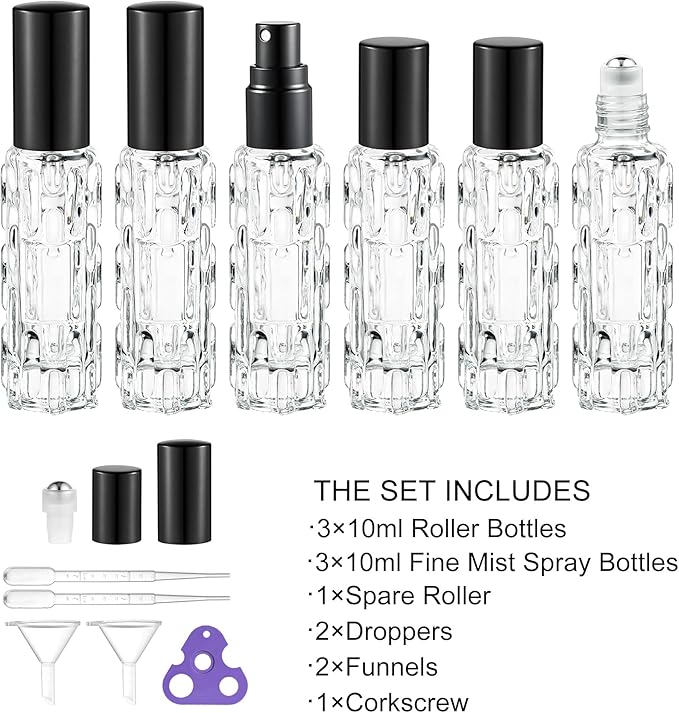 6 Pack Glass Bottles, 3×10ml Roller Bottles & 3×10ml Fine Mist Spray Bottles, Refillable Travel Containers for Essential Oils, Perfume, Liquids (Black Caps)