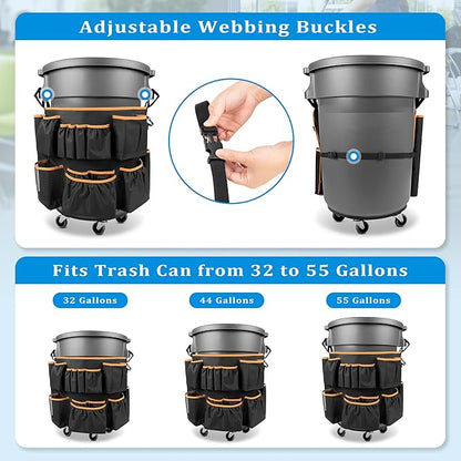 HODRANT Trash Can Caddy Bag Fit 32-55 Gallon Garbage Bin, Cleaning Caddy Bag with Adjustable Buckle for Industrial Trash Can, 13 Pockets Cleaning Tool Organizer for Cleaning Supplies, Orange Edge