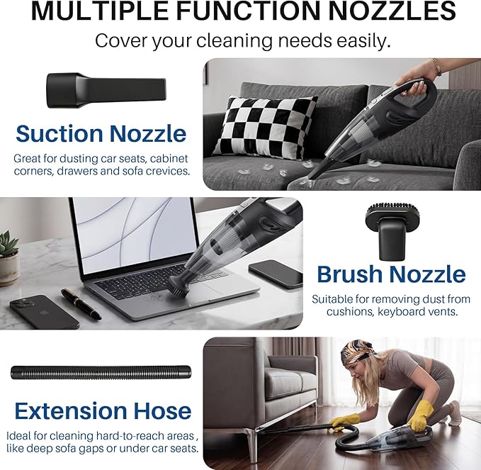 Handheld Cordless Car Vacuum Cleaner, 15000PA Powerful Suction Hand Held Cleaner Rechargeable, Portable Hand Vacuum with Multi-Nozzle, Washable Filter & Storage Case for Home, Office, Car, Pets