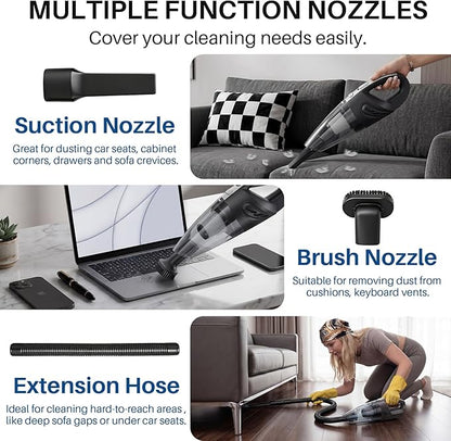 Handheld Cordless Car Vacuum Cleaner, 15000PA Powerful Suction Hand Held Cleaner Rechargeable, Portable Hand Vacuum with Multi-Nozzle, Washable Filter & Storage Case for Home, Office, Car, Pets