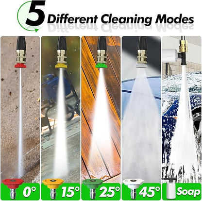 5000PSI PowerWasher with 4 Quick Connect Nozzles, Foam Cannon for Car, Lane, Patio Cleaning, Hydro Jet Pressure Hose Water Wand for Gutter Patio Car Garden Window, Green