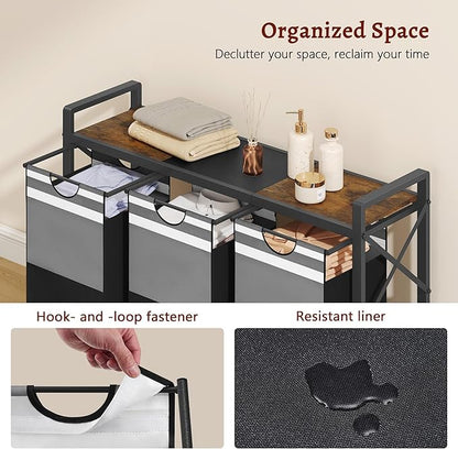 FAVOOSTY Laundry Sorter with Shelf,Laundry Basket Organizer,Laundry Hamper with Shelf, 3 ×11 Gal（50L）3 Section Laundry Sorter with Pull-Out Removable Oxford Fabric Bags and Movable Wheels Grey Black