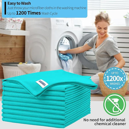 Microfiber Cleaning Cloth - 10 Pack Glasses Cleaning Cloth, 16" x 14" Window Cleaning Rags, Streak Free Lint Free Polishing Cloths Wipes for Eye Glass, Stainless Steel, Windshield, Turquoise