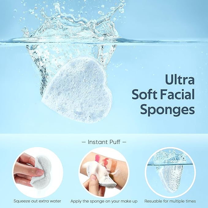 GAINWELL 50-Count Heart Shape Compressed Facial Sponges for Daily Facial Cleansing and Exfoliating, 100％ Natural Cosmetic Spa Sponges for Makeup Remover, White