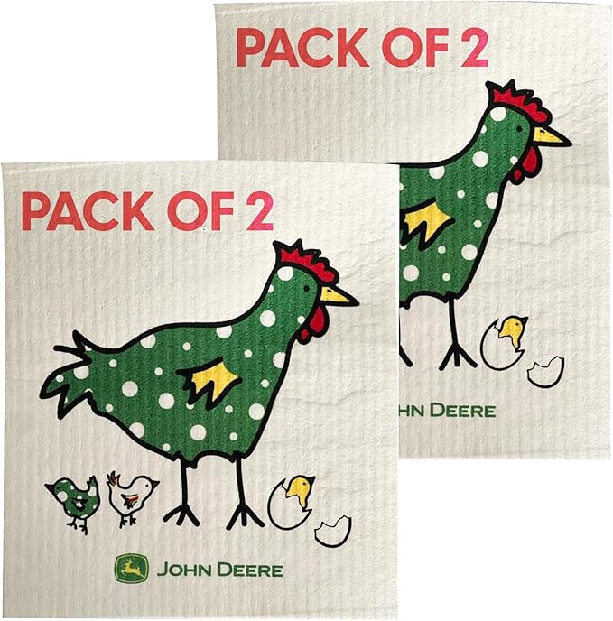 Wet-It! John Deere 2-Pack Sponge Cloths for Farmhouse Kitchen Décor, Absorbent Dishcloths for Cooking, Cleaning & Baking, Rustic Country Design for Everyday Use (Chix Towle)