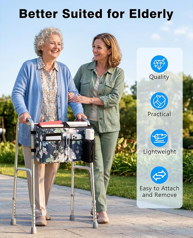 Rhino Valley Walker Bag, Secure Fit Walker Basket with Cup Holder, Large Capacity Foldable Walker Accessories for Seniors, Detachable Folding Walker Pouch Organizer for Older Elderly Gifts,Blue Cosmos