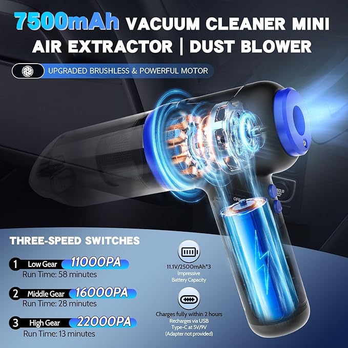 BVC200 Mini Car Vacuum, 22000PA Cordless 3 in 1 Air Blower Pump Keyboard Cleaner, Brushless Motor Super Suction Handheld Vacuum with LED Light, Portable Cleaner Best for Car, Office, Home, Pet