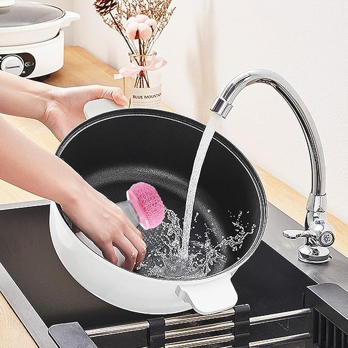 awakentti Soap Dispensing Palm Brush, Soap Dispensing Palm Brush Storage Set, Refillable and Visible, Portable Dish Brush for Dishes Pot Pan Kitchen Sink Scrubbing (Pink)