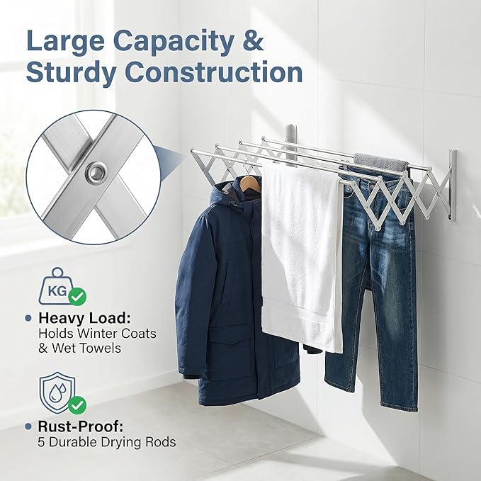 Laundry Drying Rack Wall Mount - Towel Rack Collapsible, Retractable Drying Rack Easy Install Space Saving with 5 Drying Rods