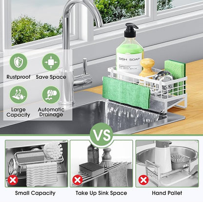 Self-Draining Kitchen Sink Caddy, Rustproof Non-Slip Sponge Holder with Detachable Dish Cloth Holder (White)
