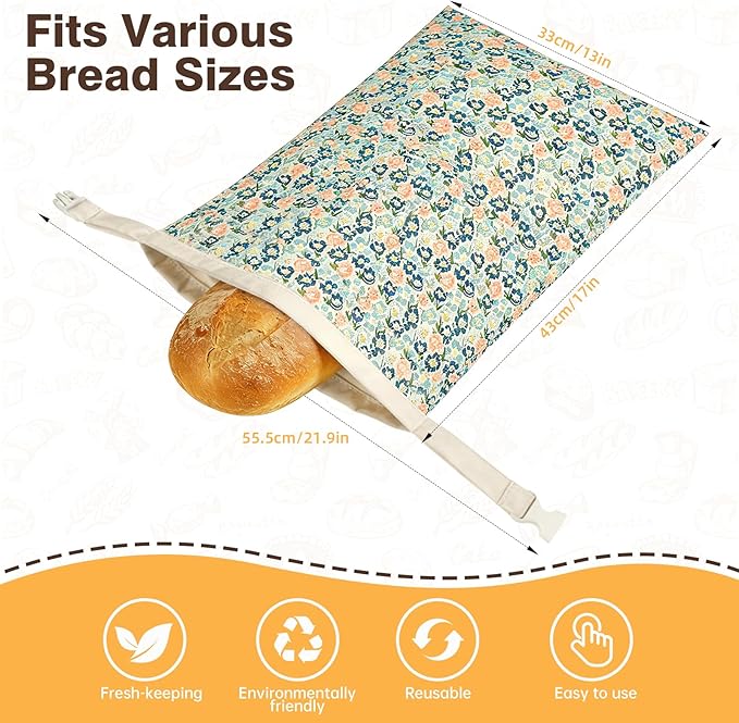 2 Pack XL Reusable Beeswax Bread Bags for Sourdough Baking, Organic Waxed Lined, Cotton Bread Bags for Homemade Bread, Food-Storage Bag to Keep Fresh