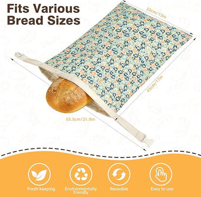 2 Pack XL Reusable Beeswax Bread Bags for Sourdough Baking, Organic Waxed Lined, Cotton Bread Bags for Homemade Bread, Food-Storage Bag to Keep Fresh