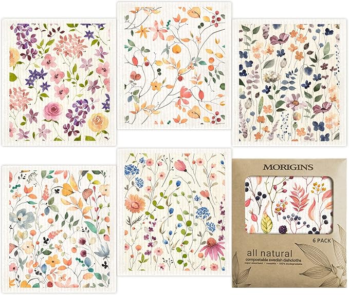 Floral Swedish Dish Cloths - 6 Pack Reusable Compostable Kitchen Cloth,Cellulose Sponge Dish Cloths Dish Towel Set