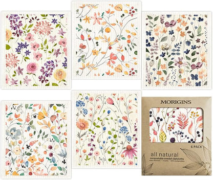 Floral Swedish Dish Cloths - 6 Pack Reusable Compostable Kitchen Cloth,Cellulose Sponge Dish Cloths Dish Towel Set