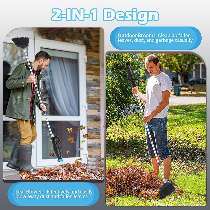 Outdoor Broom with Leaf Blower, Small Cordless Leaf Blower with Long Handle Broom, Lightweight Rechargeable Air Duster Broom Blower for Lawn Yard Patio Garden Balcony Car RV(Charger Included)