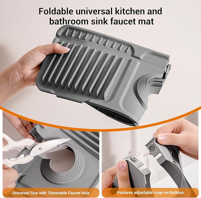 ZJWZLG Faucet Mat for Kitchen Sink, 17.7"X5.5" Silicone Sink Splash Guard with Soap Holder, Snap-On Design & 7°slope Fast Drain, Folding Sink Faucet Mat for Universal Kitchen Bathroom Sink（Grey）